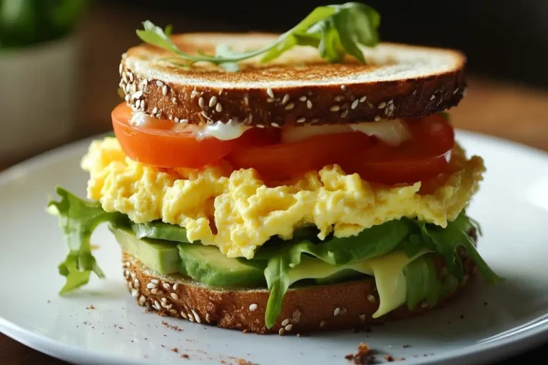 Club sandwich aux œufs brouillés et à l’avocat