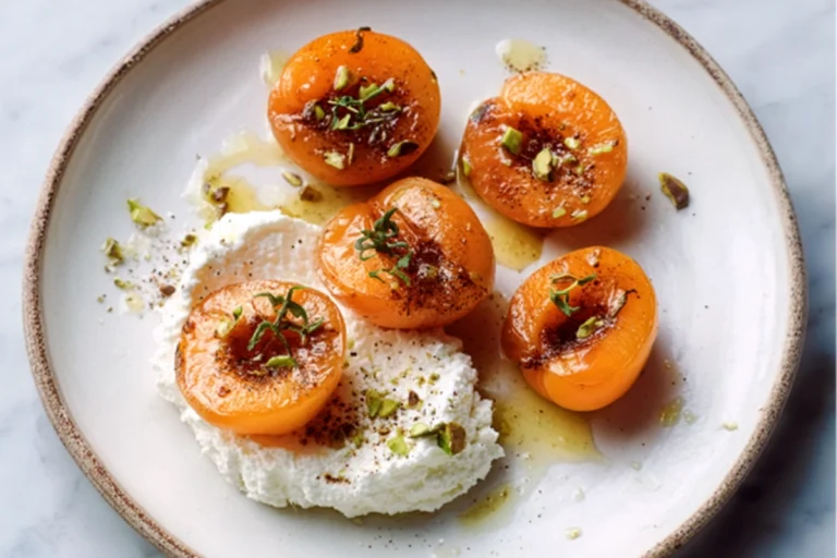 Abricots et pêches rôtis au thym et faisselle