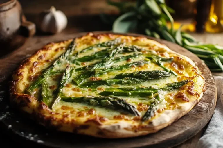 Pizza verte aux asperges, ail des ours et Tome des Bauges