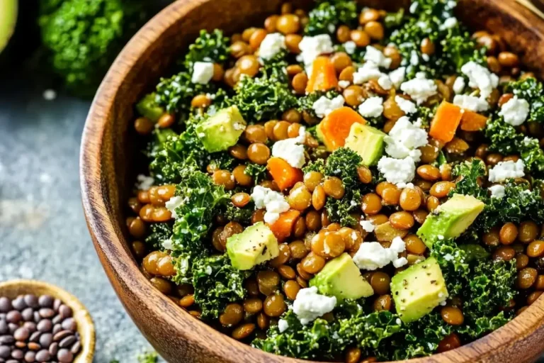 Lentilles au chou kale, feta et avocat