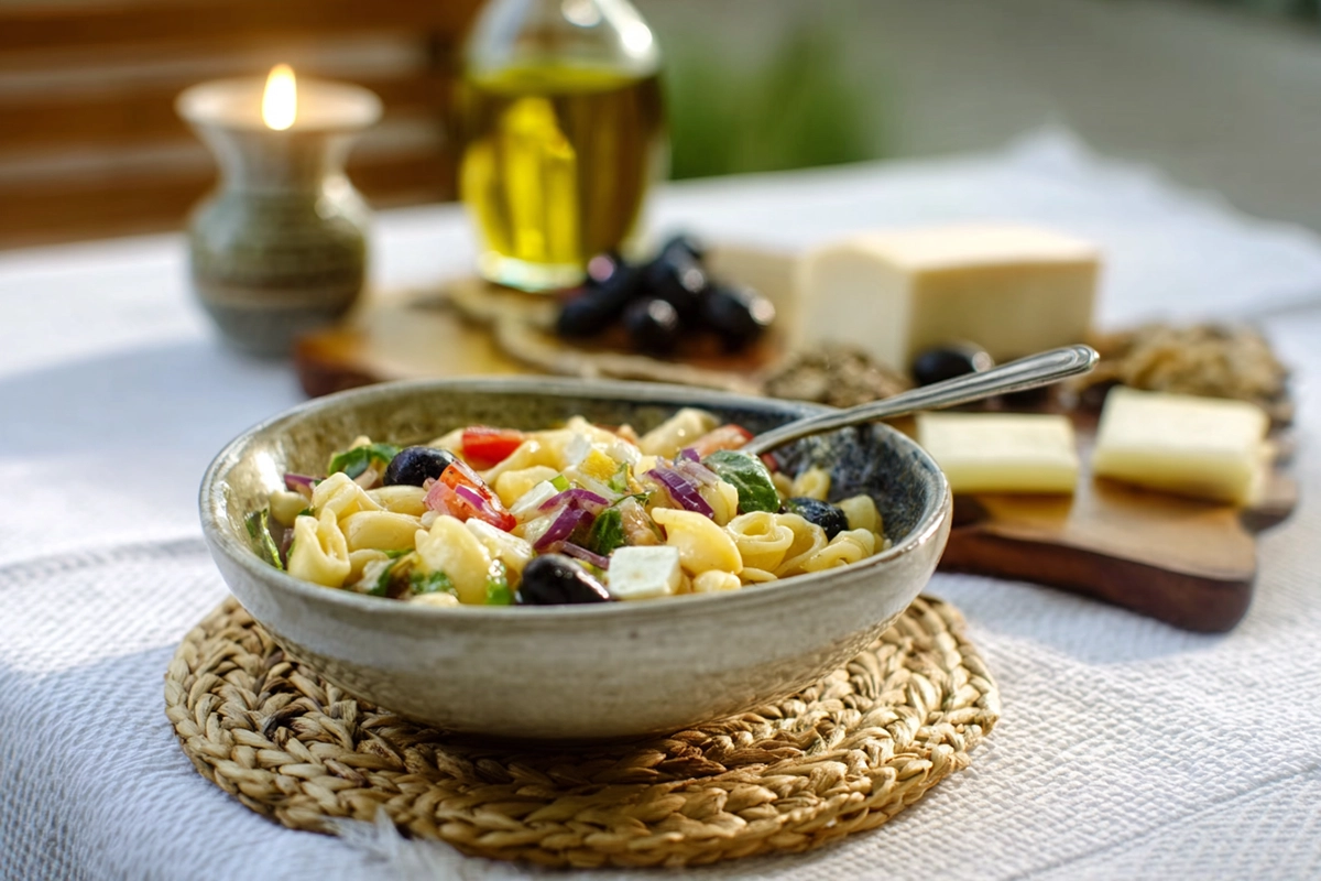 Salade de pommes de terre, feta, olives et basilic