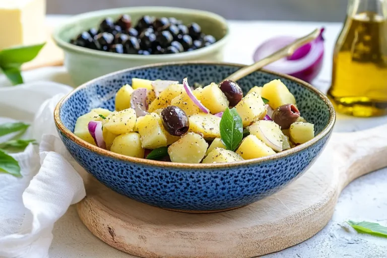 Salade de pommes de terre, feta, olives et basilic