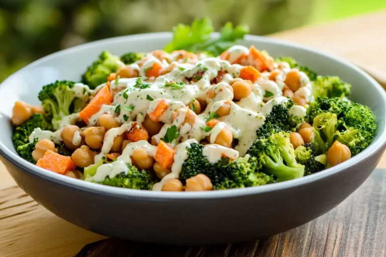 Salade de pois chiches et brocoli, sauce tahini