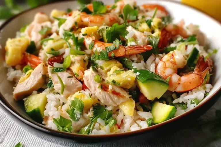 Chicken Salade de riz complet, avocat et crevettes