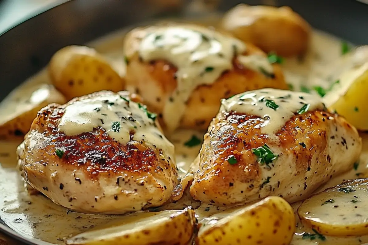 Poulet et pommes de terre avec sauce crémeuse à l'ail et au parmesan