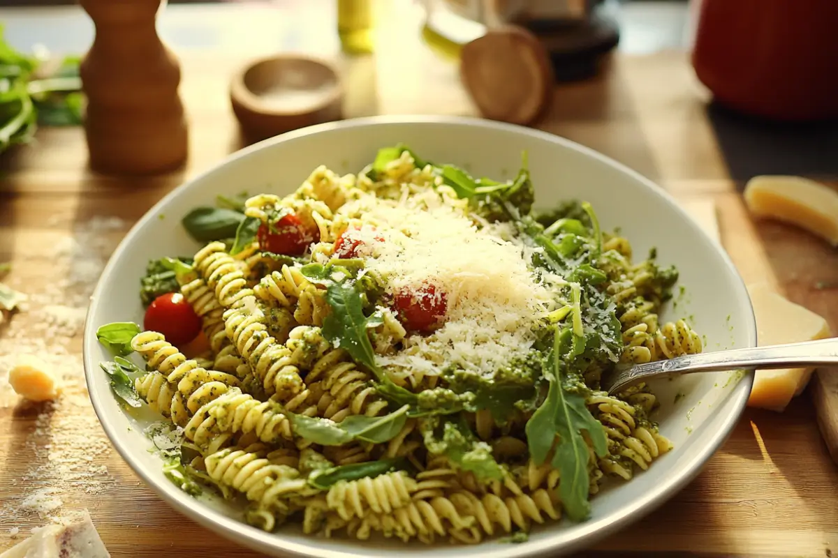 Pâtes au pesto, roquette et parmesan