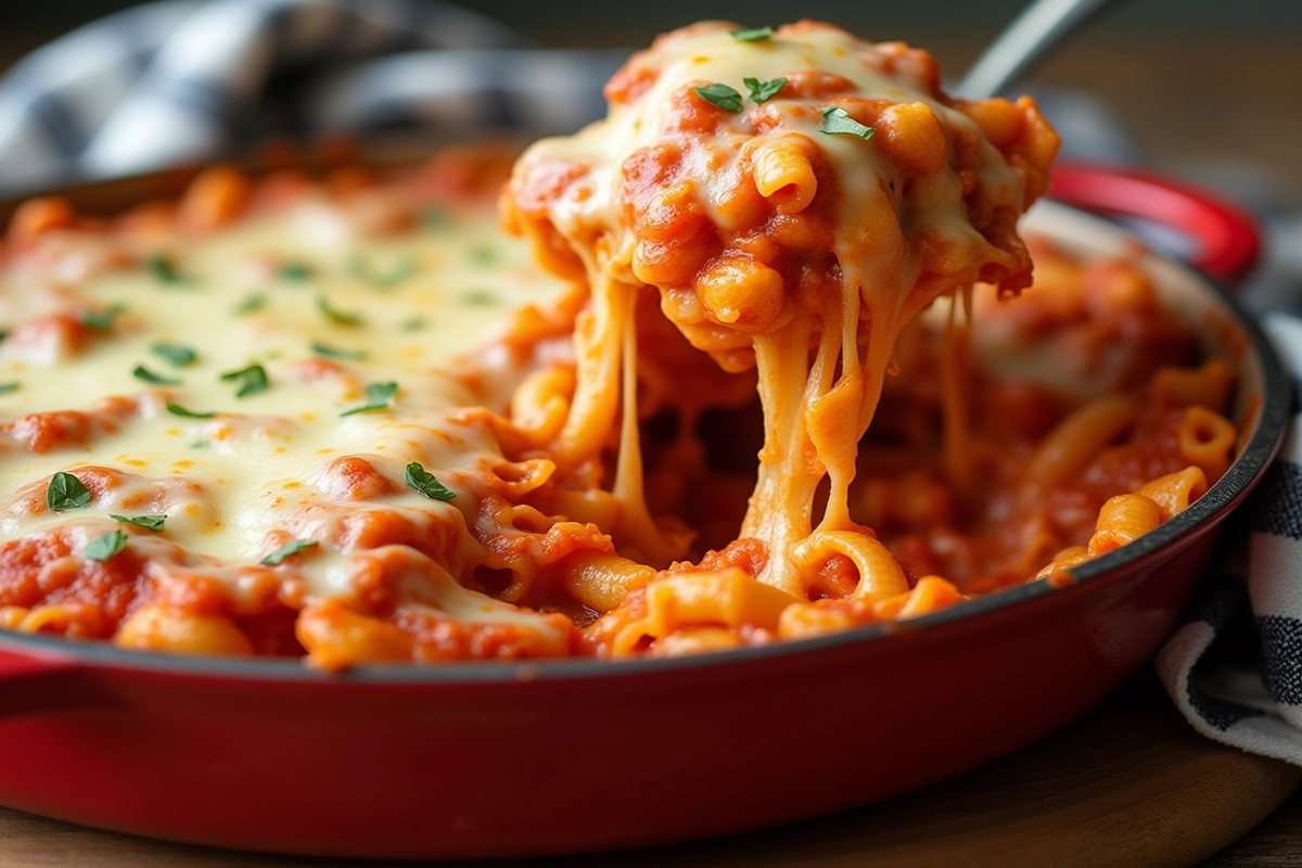 Gratin de pâtes aux trois fromages et tomates