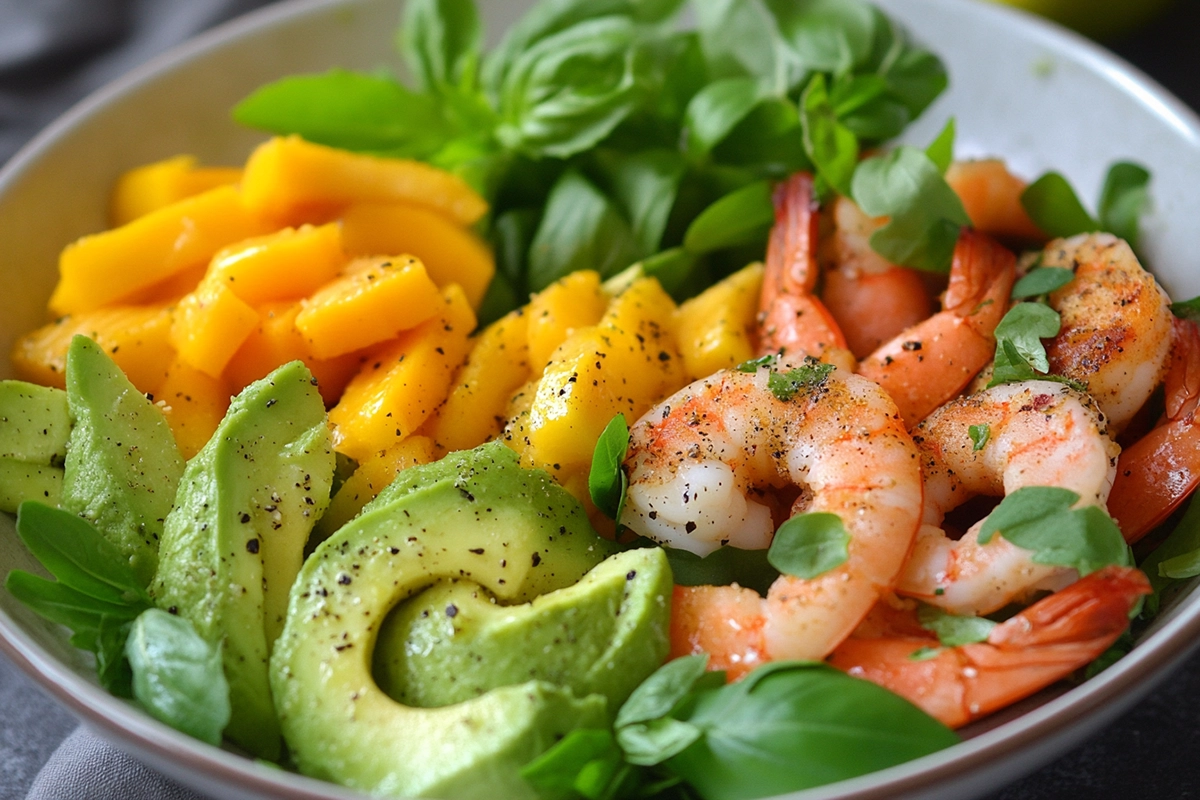 Salade avocat, mangue et crevettes