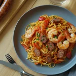 Spaghetti à la crème de poivron, chorizo et crevettes
