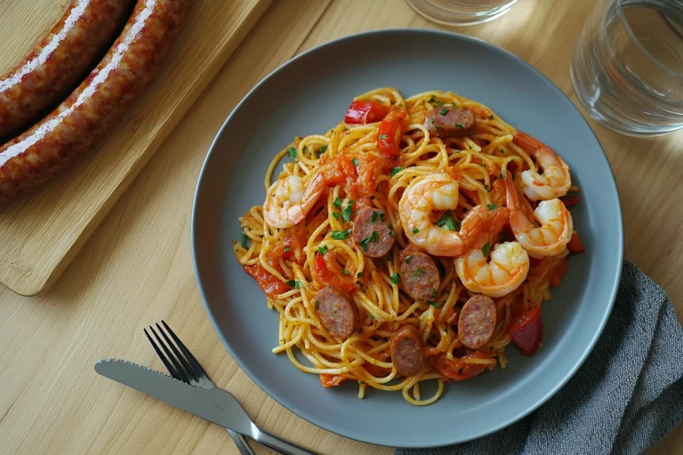 Spaghetti à la crème de poivron, chorizo et crevettes