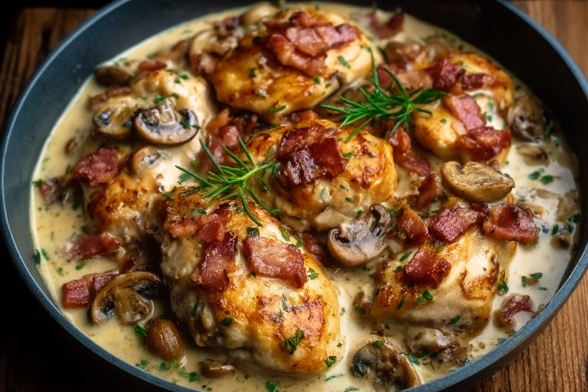 Émincés de Poulet à la Moutarde, Lardons et Champigno