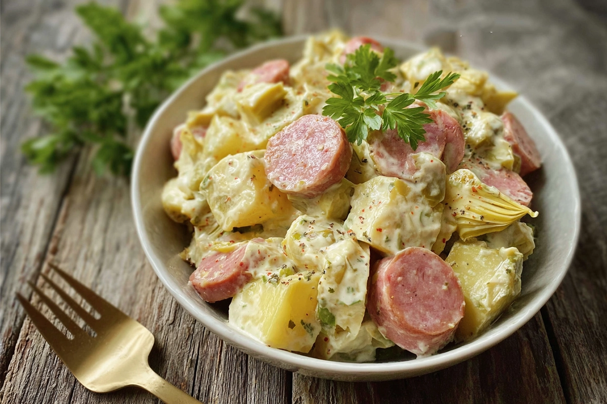Salade de pommes de terre aux knacks fumées et sa sauce légèr