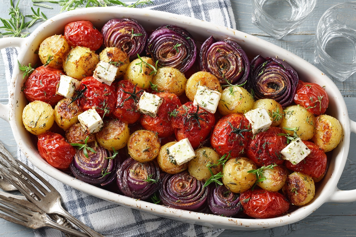 Feta rôtie avec pommes de terre et tomates grap