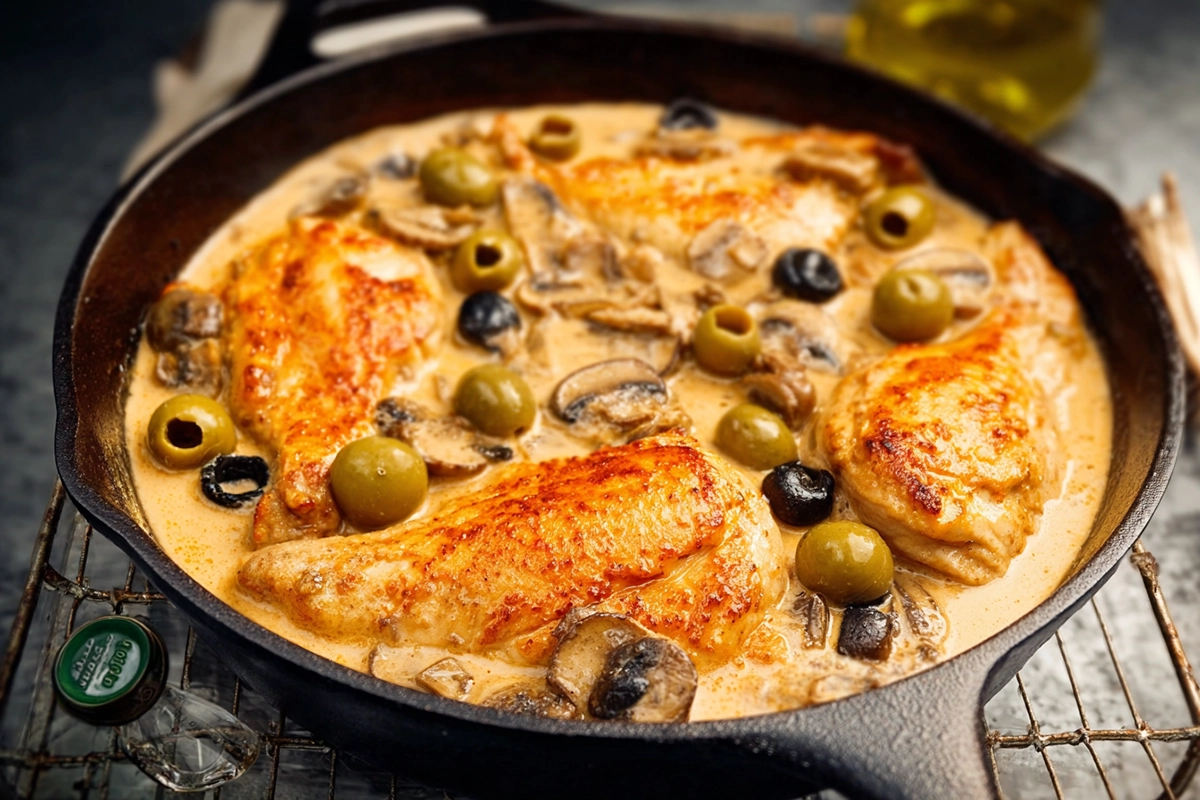 Poulet sauce crémeuse à la tomate, olives et champignon