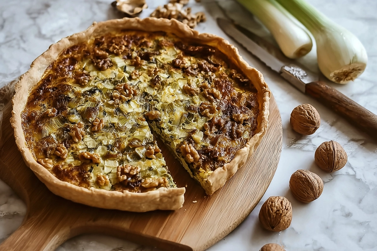 Tarte aux poireaux, noix et fourme d’Amber