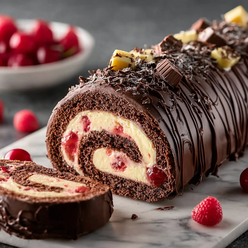 Bûche de Noël Classique : Le Secret d’un Dessert de Fête Inoubliable 3 bûche de Noël classique sur table festive