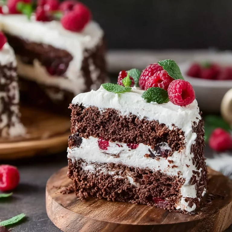 gâteau chocolat framboise sur table rustique