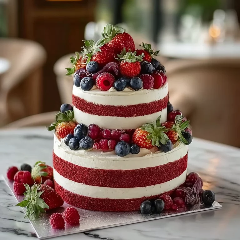 Layer cake aux fruits rouges sur table en marbre