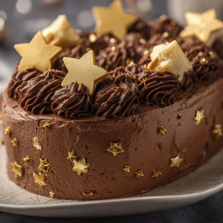 bûche de Noël pralinée étoilée sur table festive