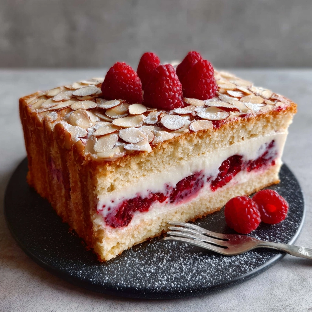 part de gâteau framboises et amandes servie