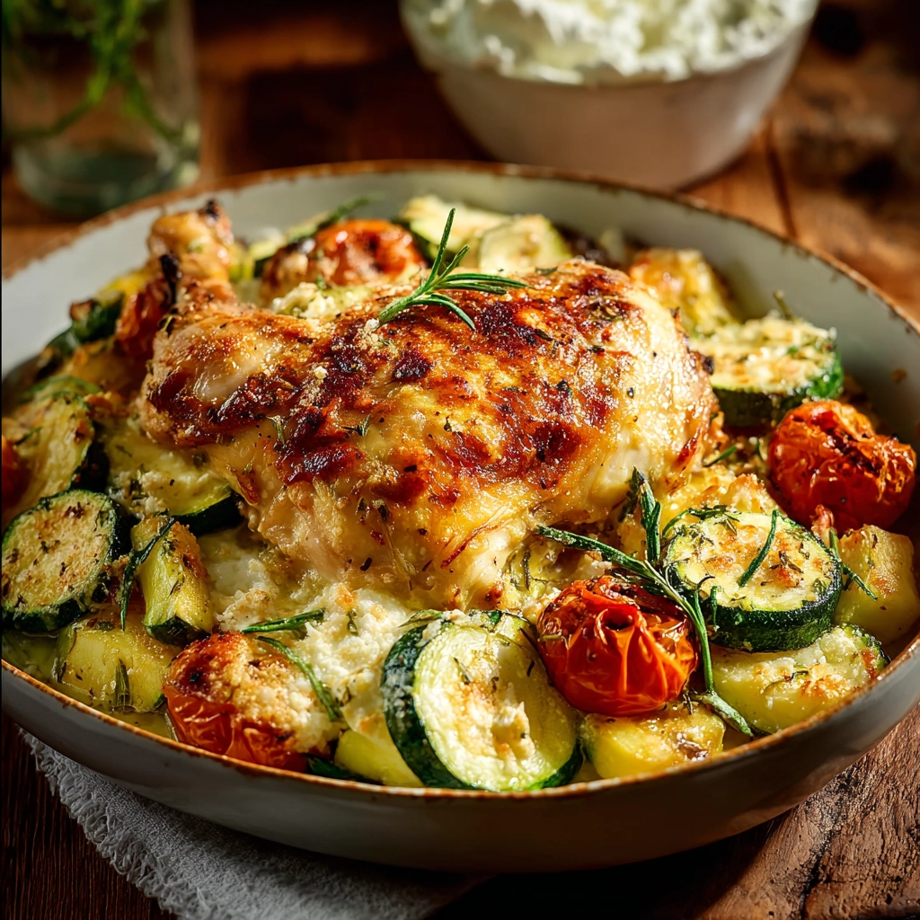 Poulet courgette méditerranéen au four dans un plat rustique