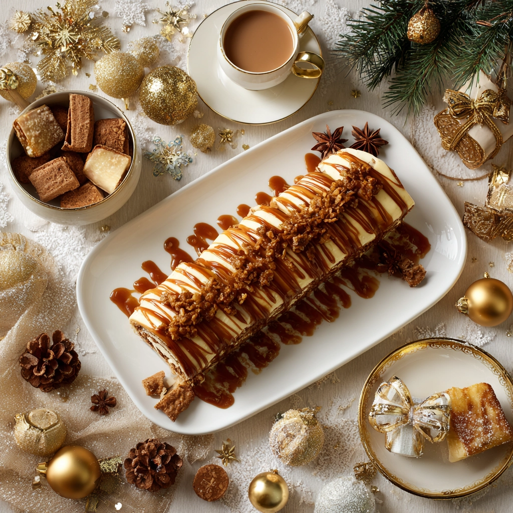 Bûche de Noël Caramel Pomme Spéculoos : un Dessert de Noël Gourmand et Inoubliable 5 bûche caramel pomme spéculoos sur table de fête