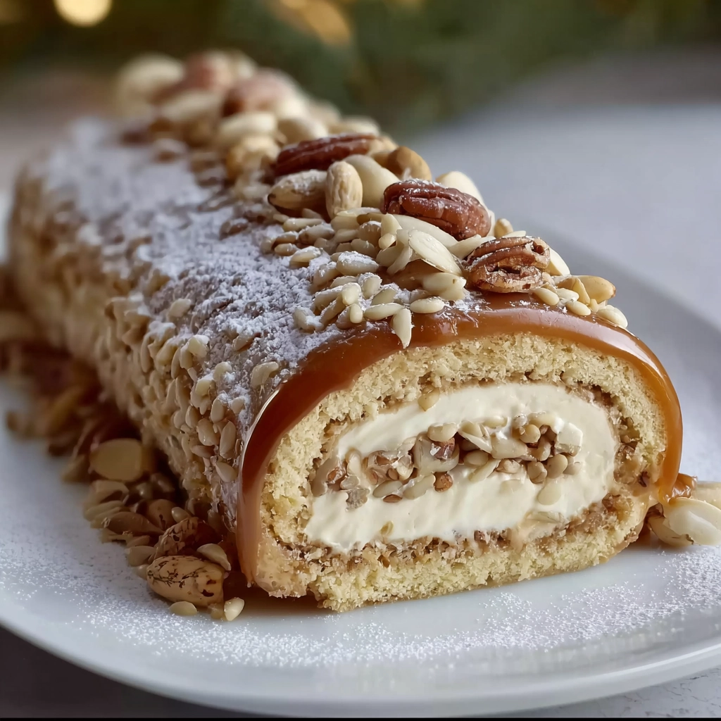 Bûche de Noël Cacahuètes-Caramel-Vanille : Un Dessert Inoubliable pour les Fêtes 5 service bûche de Noël caramel vanille
