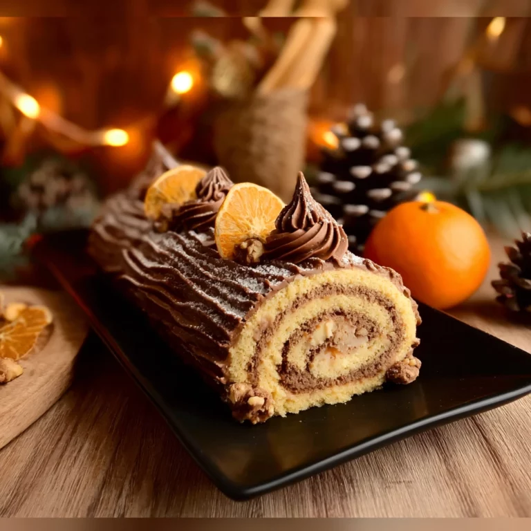 bûche gianduja clémentine sur table de Noël
