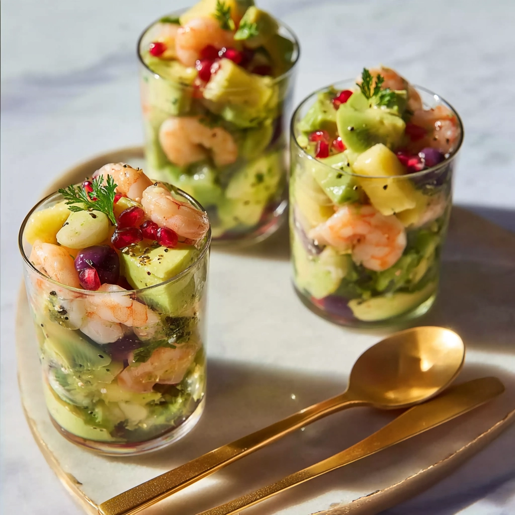 Verrines de Noël crevettes avocat kiwi : une entrée légère et festive 5 verrines de Noël crevettes avocat kiwi serving