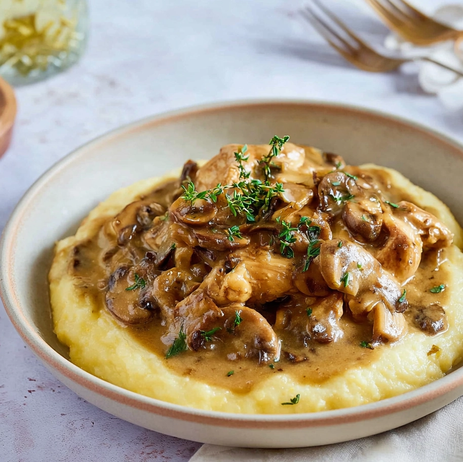 Poulet au champignon et purée au fromage : Un plat réconfortant à savourer 5 Poulet au champignon et purée au fromage Serving