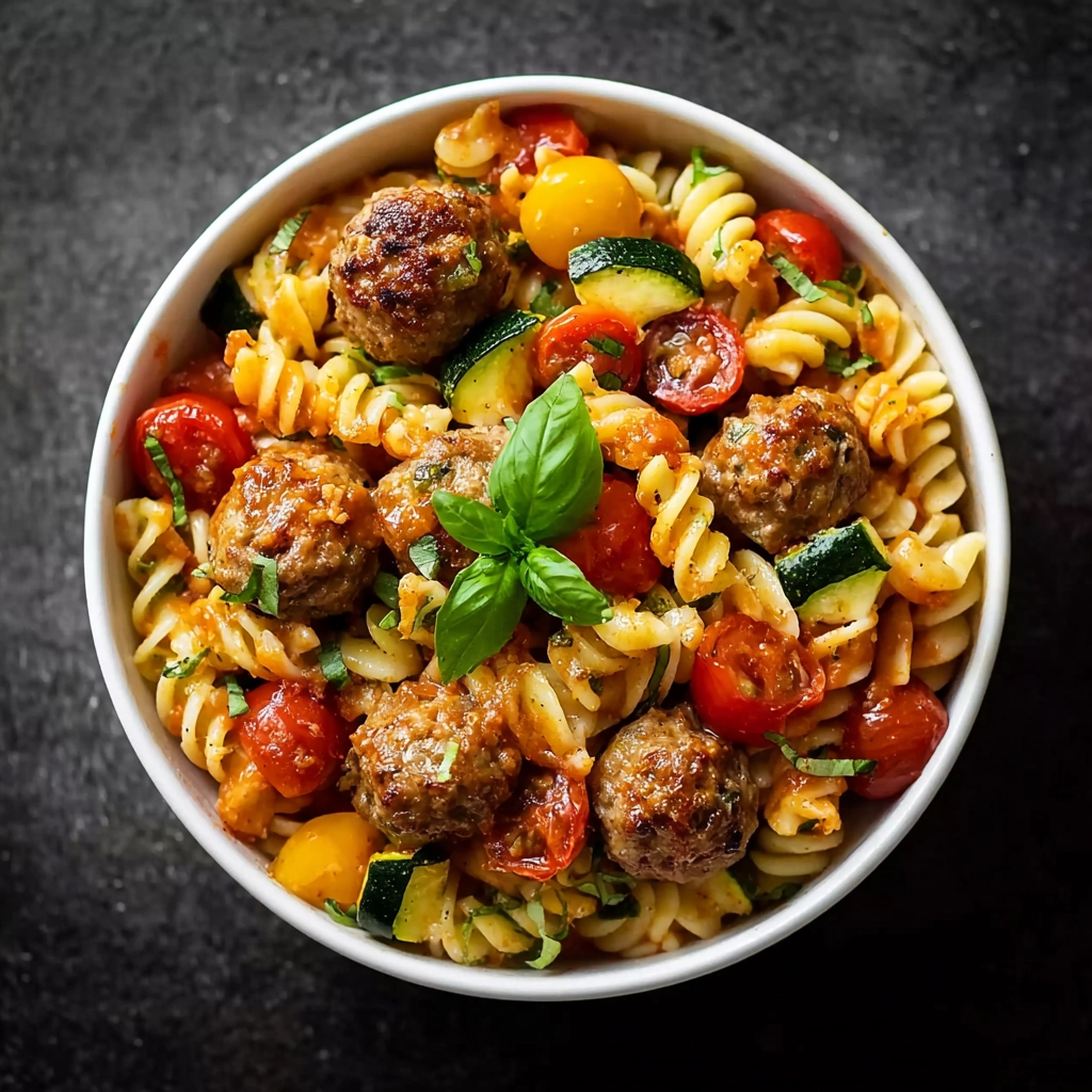 Risotto de pâtes aux courgettes tomates et boulettes croustillantes Serving