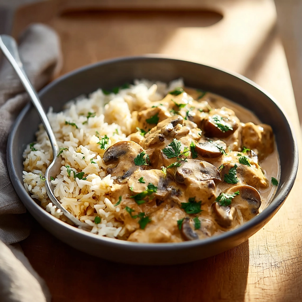 Stroganoff champignons riz complet Serving