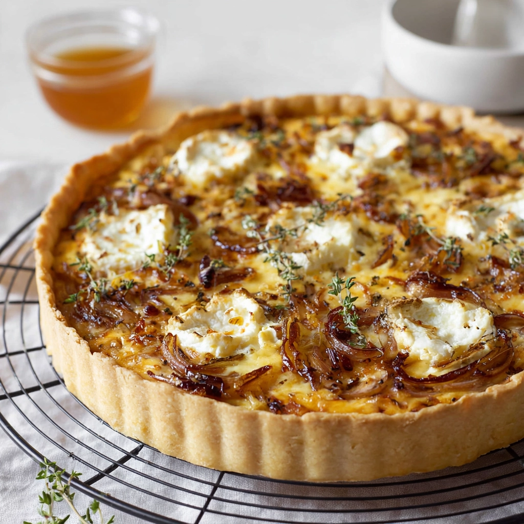 Tarte aux oignons fromage de chèvre miel thym : la recette maison qui réchauffe tout un repas 5 Tarte aux oignons fromage de chèvre miel thym Serving