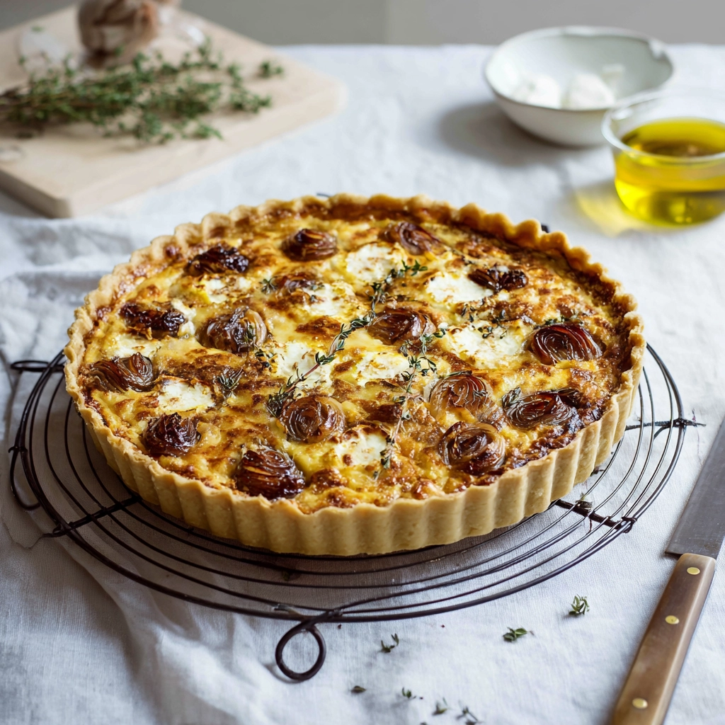 Tarte aux oignons fromage de chèvre miel thym