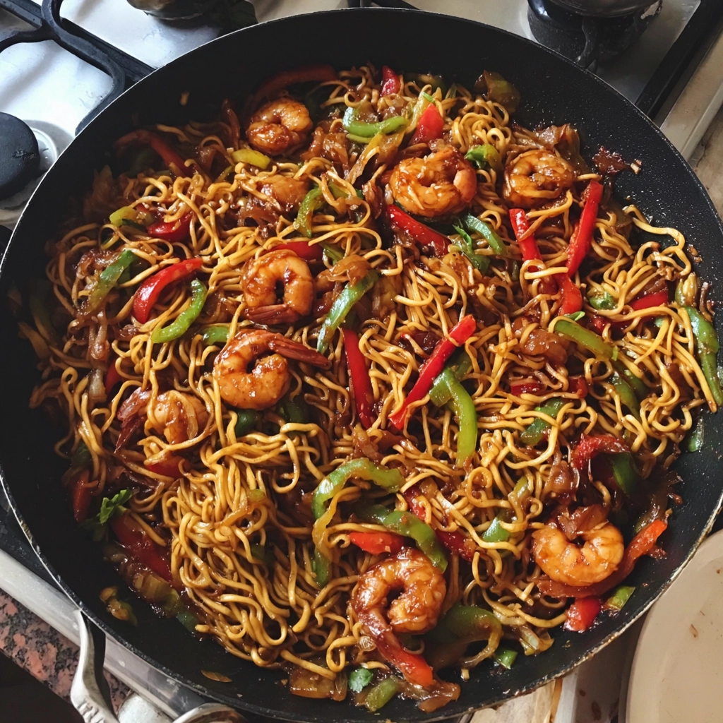 Nouilles chinoises sautées aux crevettes et légumes maison 4 Nouilles chinoises sautées