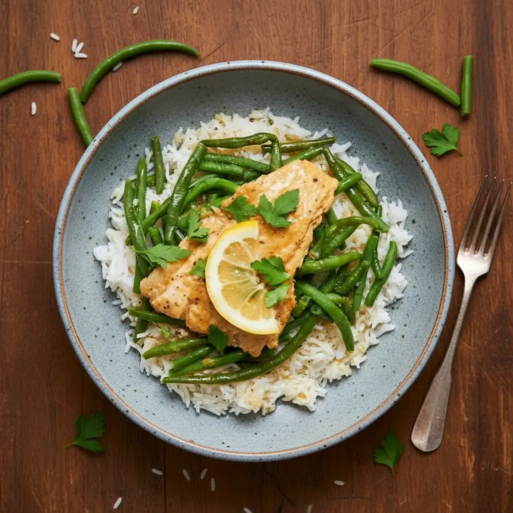 Cabillaud riz brun haricots verts
