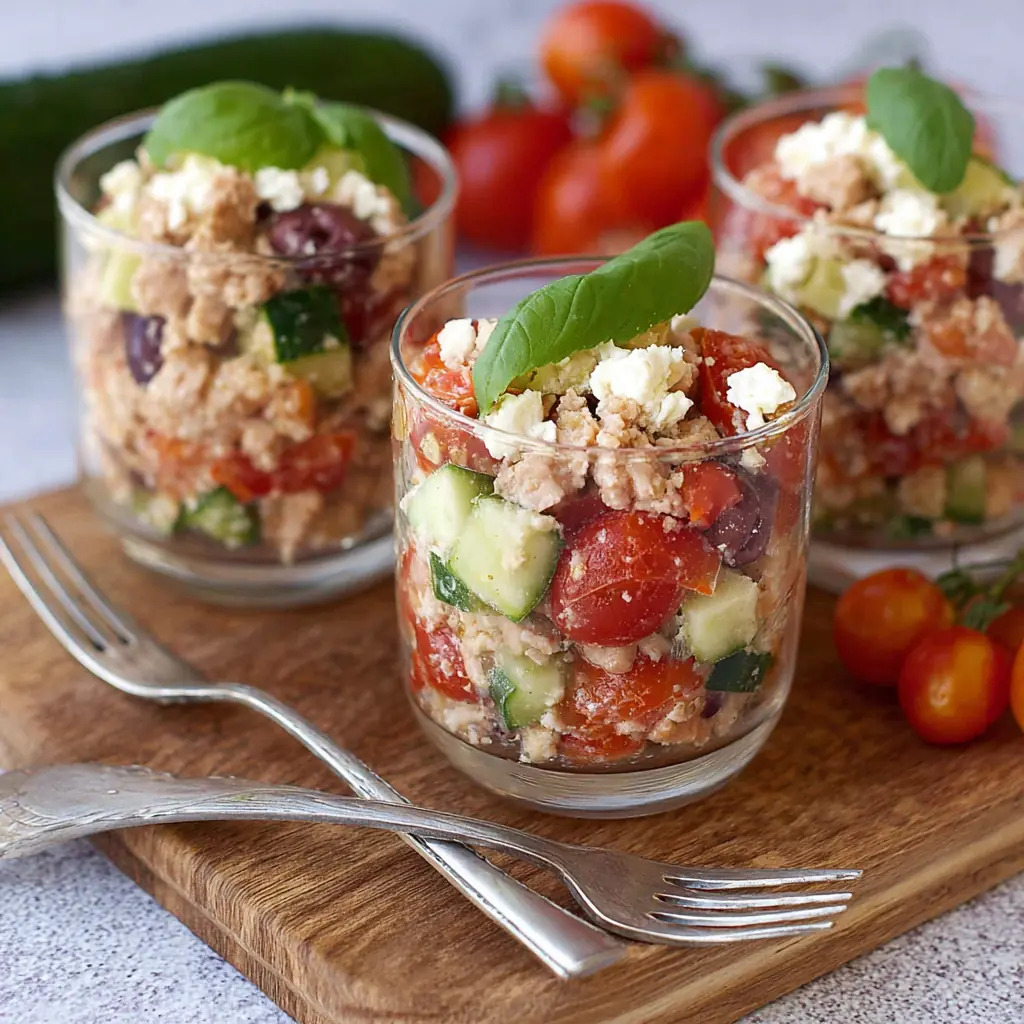 Verrines concombre tomate thon feta : recette fraîche et facile 4 Verrines concombre tomate thon feta