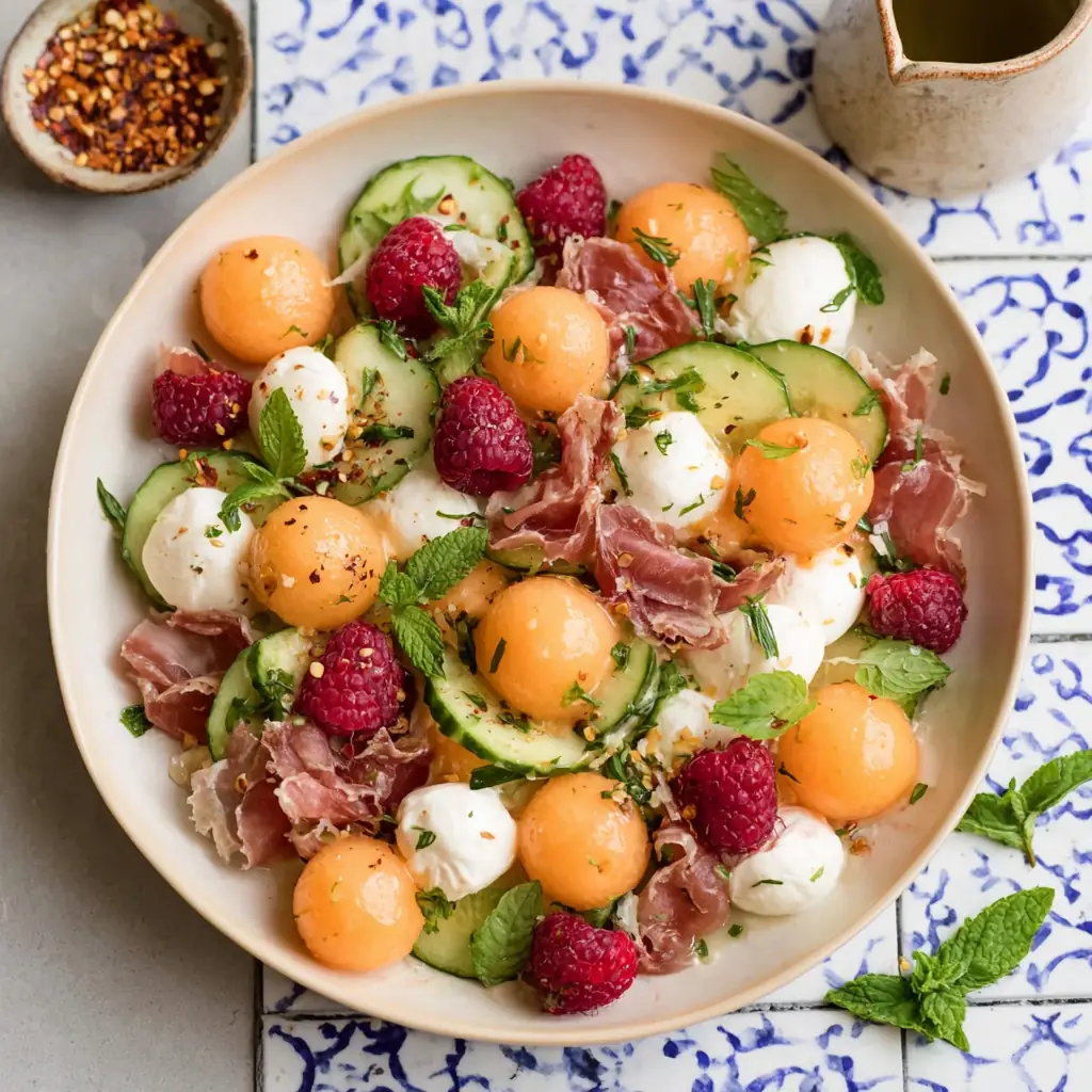 Salade melon framboises